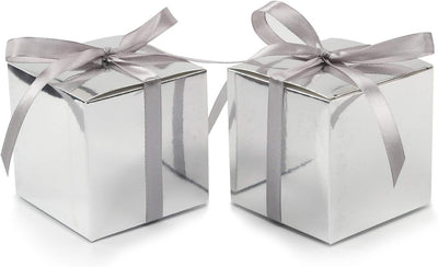 100Pcs Wedding Favor Boxes, Paper Gift Boxes 3X3X3 Inches Small Gift Boxes with Ribbons Small Boxes for Gifts, Crafting, Cupcake, Candy, Bridesmaid Proposal Boxes (Metallic Silver)