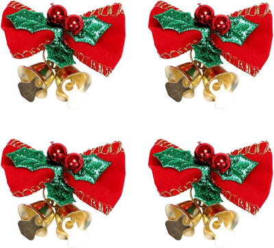 4 Pieces Christmas Bow with Bells Tree Hanging Wreath Decorations, Mini Bowknot Ribbon Ornament,Xmas Craft Gift Bows for Presents Decorations Charms Ornaments