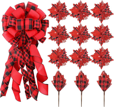 Christmas Tree Topper Decorations Large Christmas Bows Tree Ornaments and Christmas Tree Flowers for Christmas Holiday Party Decorative (Red Black Buffalo Plaid,12 X 34 Inch)