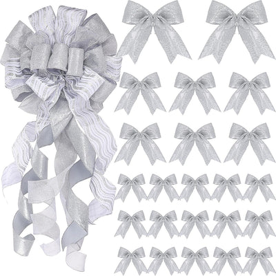 36 Pieces 3 Sizes Christmas Tree Topper Bow 12 X 34 Inch Large Christmas Wreath Bow Decoration Glitter Bow with Long Streamer for Christmas Tree Wreath Party Decoration (Silver)