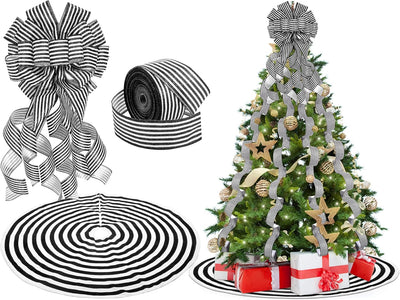 Christmas Tree Decoration Set Include Large Christmas Tree Topper Bow Black White Christmas Tree Skirt Decorative Xmas Wired Ribbons for Tree Wreath Farmhouse Decorations(31.5 Inch, Classic)