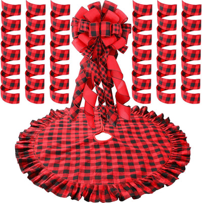 Christmas Tree Topper Bow Buffalo Plaid Christmas Tree Topper Xmas Decor Rustic Tree Toppers Large Outdoor Bows Ribbon Tree Topper with Xmas Plaid Tree Skirt Ornament (Red and Black)