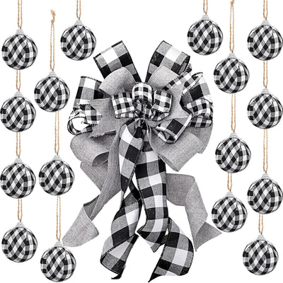 Buffalo Plaid Christmas Tree Topper Decor Wreath Bow Hanging Christmas Bow and 16 Pieces Buffalo Plaid Ball Ornament Hanging Fabric Ball(13 X 22.8 Inch,White and Black)