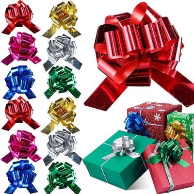 12 Pieces 4.5 Inches Christmas Pull Bows Bulk for Gift Wrapping Gift Bows with Ribbon for Christmas Basket Holiday Party Favor Decoration