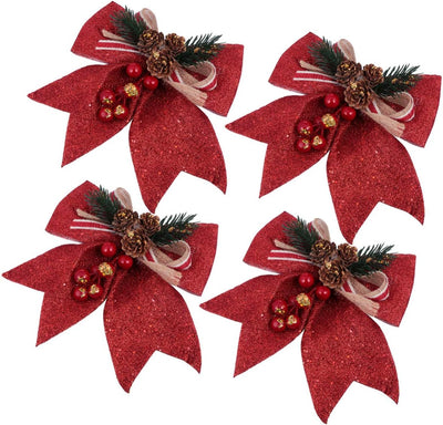 4Pcs Christmas Ribbon Bows Ornaments Holiday Decorative Bows Christmas Tree Bows for Wreath Garland Wrapping Supplies (Red)