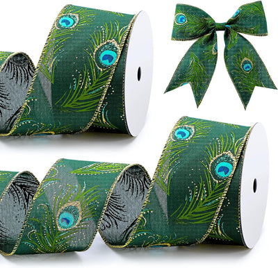 2 Rolls Peacock Print Wired Ribbons 10 Yards Peacock Feather Wrap Ribbons Gold Glitter Wired Edge Ribbons Decorative Wired Ribbons for Christmas Decor Wrapping DIY Crafts (Green,2.5 Inch)