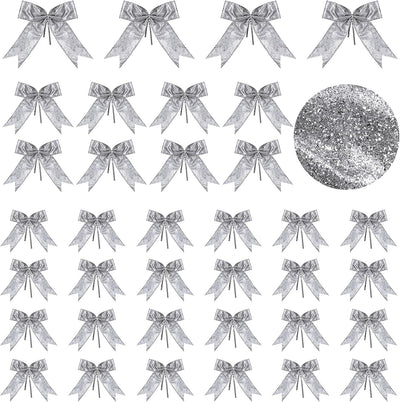 36 Pieces Bow Decor, Christmas Tree Bow Ornament, Glitter Ribbon Bowknot for Wreath Garland, Party Crafts Home Decoration, 3 Sizes 4.3 X 4.7 Inch, 5.1 X 5.5 Inch, 6.3 X 6.7 Inch (Silver)