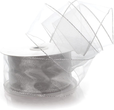 2.5" Wired Sheer Organza Ribbon Silver 50 Yards