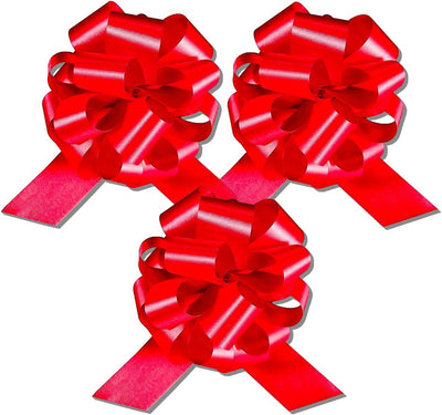 Red 8" Pull String Gift Bows Perfect for Christmas Gifts and Birthday Presents Satin Finish Easy to Assemble Pack of 3 Large Bows