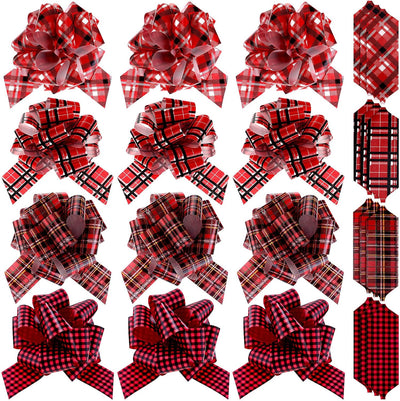 32 Pieces Christmas Pull Bows Buffalo Plaid Gift Wrap Bows Wrapping Accessory Checked Bowknots with Ribbon for Xmas Wreath DIY Craft(5 Inch,Classic Style)