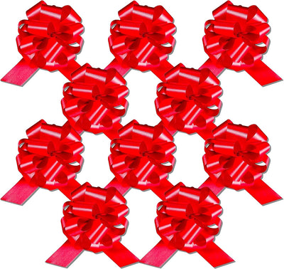 Pull String Gift Bows 5.5 Inches Perfect for Christmas and Birthday Presents Satin Finish 10 (Ten) Pack (Red)