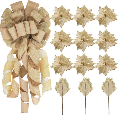 Christmas Tree Topper Decorations Large Christmas Bows Tree Ornaments and Christmas Tree Flowers for Christmas Holiday Party Decorative (Linen Pure Style,12 X 34 Inch)