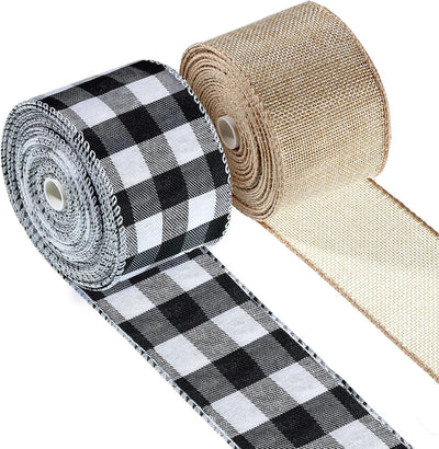 2 Rolls Christmas Buffalo Plaid Ribbon Burlap Ribbon Gingham Wired Edge Ribbon Rustic Wrapping Ribbon for Christmas Party Crafts Decoration, 2.4 Inch X 17.5 Yards (Black White Plaid, Linen Color)