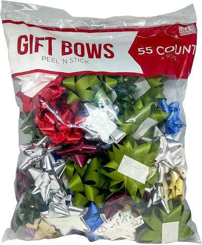 Offray Premium Holiday/Christmas Peel N Stick Gift Bows - 4 Sizes & Assorted Colors (55 Bows)