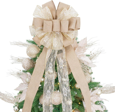 Christmas Tree Topper,Christmas Ornament with Glitter Satin Mesh Streamer,For Your Christmas Decor (Circle Tree Topper, Beige)