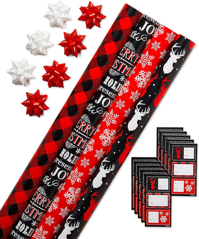 American Greetings 120 Sq. Ft. Red and Black Christmas Wrapping Paper Set with Cut Lines (4 Rolls 30 In. X 12 Ft., 7 Bows, 30 Gift Tags), Christmas Text, Plaid, Reindeer and Snowflakes