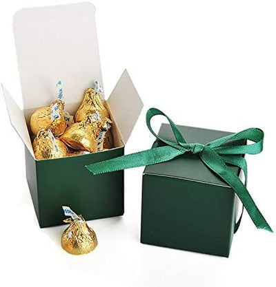 Dark Green Gift Candy Box Bulk 2X2X2 Inches with Green Ribbon Party Favor Box,Pack of 50