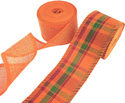 2 Rolls Fall Wire Ribbons for Crafts Thanksgiving Buffalo Plaid Ribbons Orange Autume Harvest Gingham Burlap Ribbons for DIY Bows Gift Wrapping Wreath Decor (2 Inch)