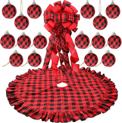 Christmas Decorations Buffalo Plaid Christmas Tree Topper Wreath Bow Christmas Tree Skirt 16 Pieces Buffalo Plaid Ball Ornaments Hanging for Christmas Tree Decoration Supplies (Red Black)