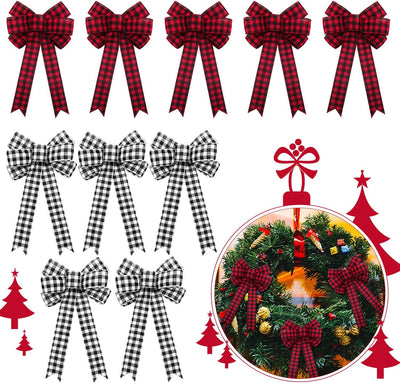 10 Pieces Christmas Buffalo Plaid Bows 10 X 16 Inch Thanksgiving Wreath Bow Christmas Tree Ornaments Bows for Christmas Party Decoration (Black and White, Red and Black)